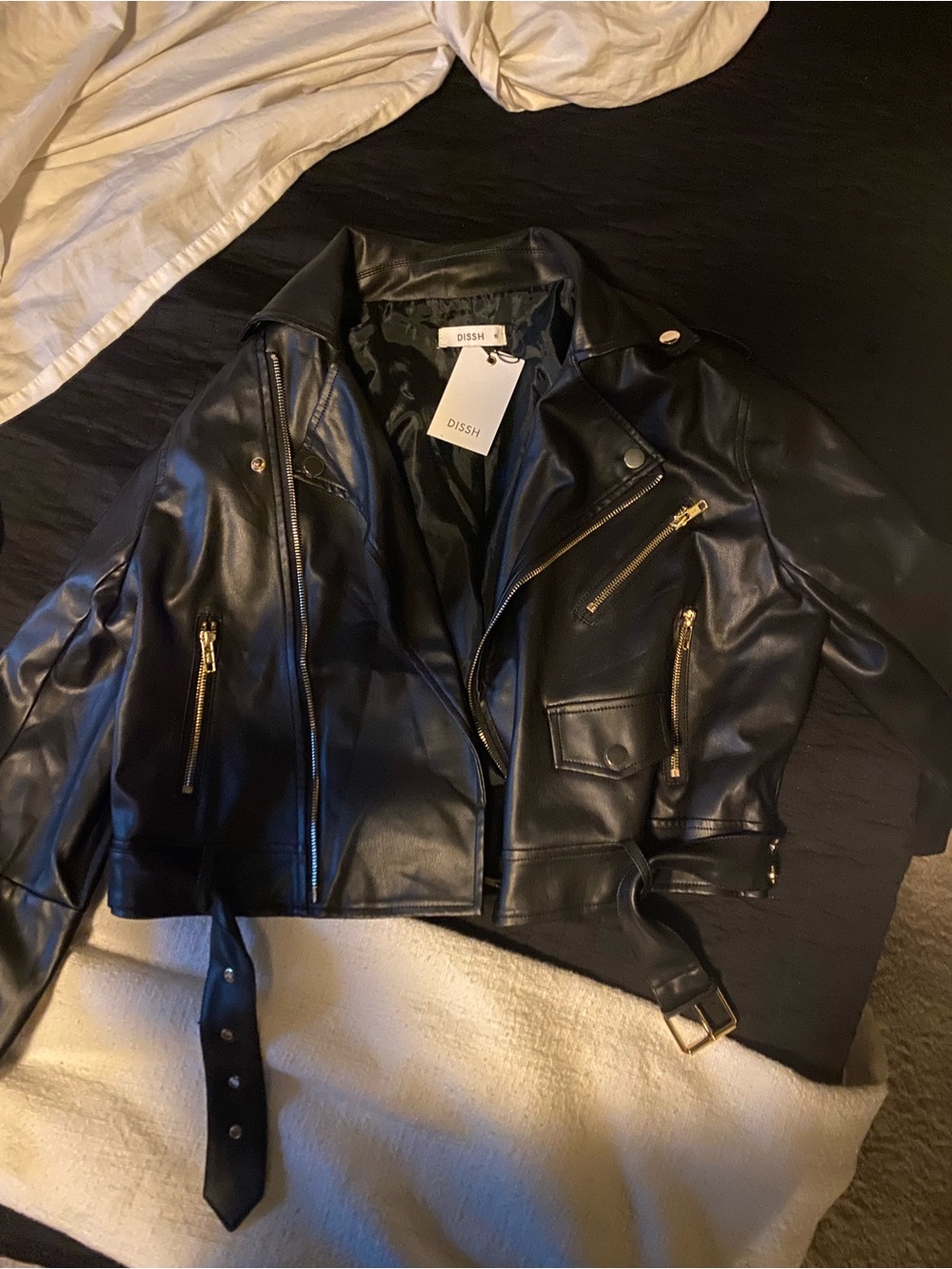 DISSH Black Faux Leather Moto Jacket with Gold Hardware Accents